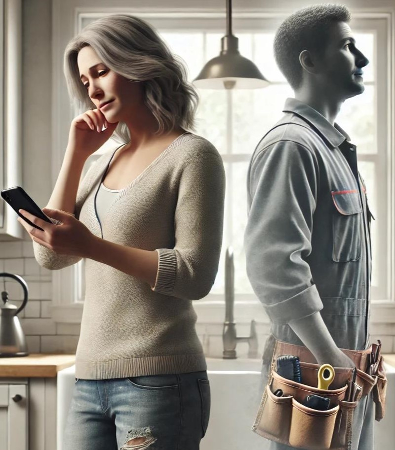 Image of a sad homeowner standing in a room trying to reach her vanishing plumbing company.
