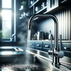 A highly detailed and sharp image of-a modern kitchen with a sleek polished stainless steel instant hot water maker on the countertop.