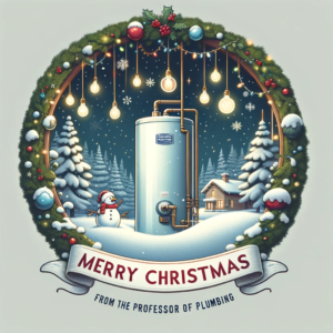 An image of a Christmas hot water spoiler card greeting from the Professor of Plumbing in the shape of a  Christmas wreath.